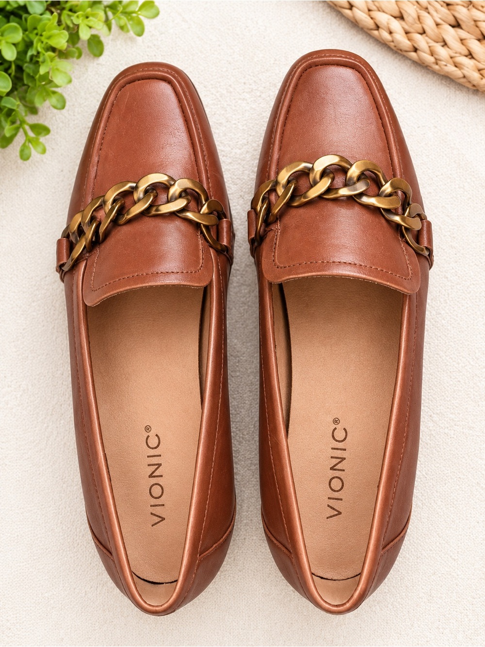 Vionic Tan Leather Loafers with Gold Chain Accent